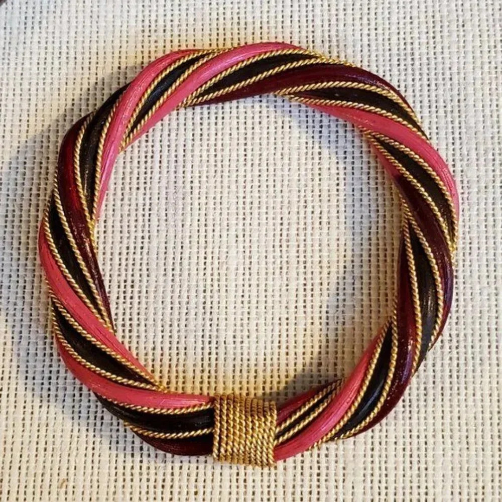 Rattan Artisan Bangle Bracelet Gold Pink Black - Picture 2 of 5